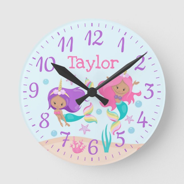 Horloge Ronde Unicorn Mermaids Enfants Pépinière Moyenne Tonalit (Recto)