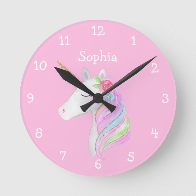 Horloge Ronde Unicorn Rainbow Personnalisé Nom de la fille Paste (Front)