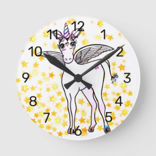 Horloge Ronde Unicorne à ailes magiques aux accents d'étoiles do