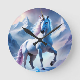 Horloge Ronde Unicorne enchantée dans un Imaginaire enneigé