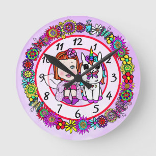 Horloge Ronde Unicorne et fée Whimsical Folk Art Girl's