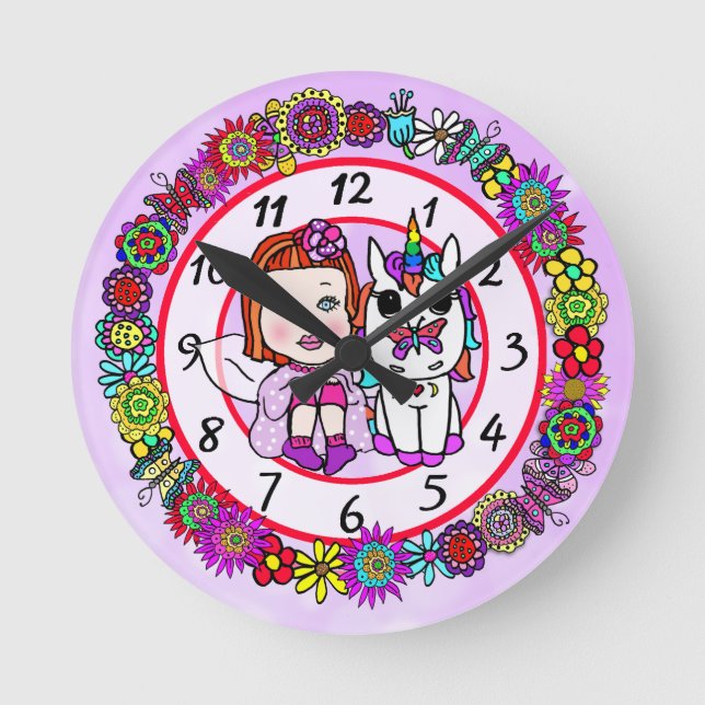 Horloge Ronde Unicorne et fée Whimsical Folk Art Girl's (Recto)
