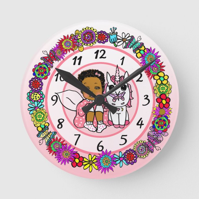 Horloge Ronde Unicorne et fée Whimsical Folk Art Girl's (Recto)