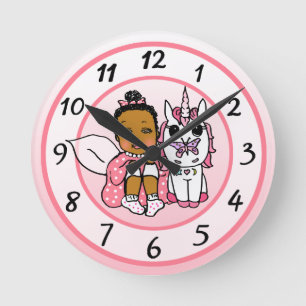 Horloge Ronde Unicorne et fée Whimsical Folk Art Girl's