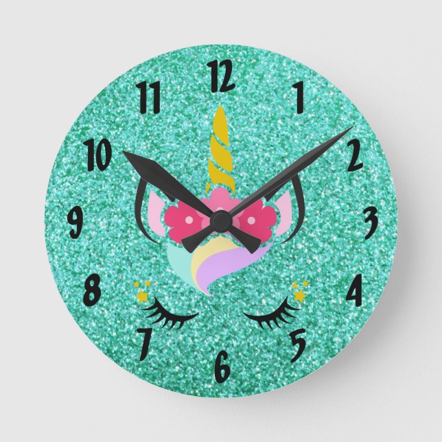 Horloge Ronde Unicorne personnalisée Parties scintillant Turquoi (Recto)