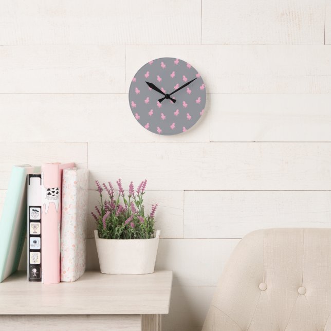 Horloge Ronde Unicorne rose invisible sur gris (Salle de lecture)