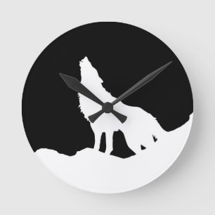 Horloge Ronde Unique Noir & Blanc Pop Art Wolf Silhouette