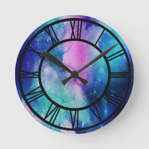 Horloge Ronde Univers Etoile Nébuleuse Rose Bleu Aquarelle Espac