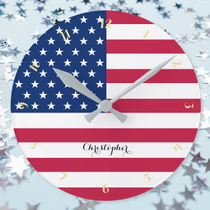 Horloge Ronde USA America Drapeau Patriotique Home Bureau Nom du