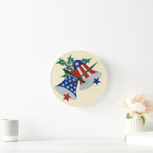 Horloge Ronde USA Drapeau American Patriotic Christmas Bells Art