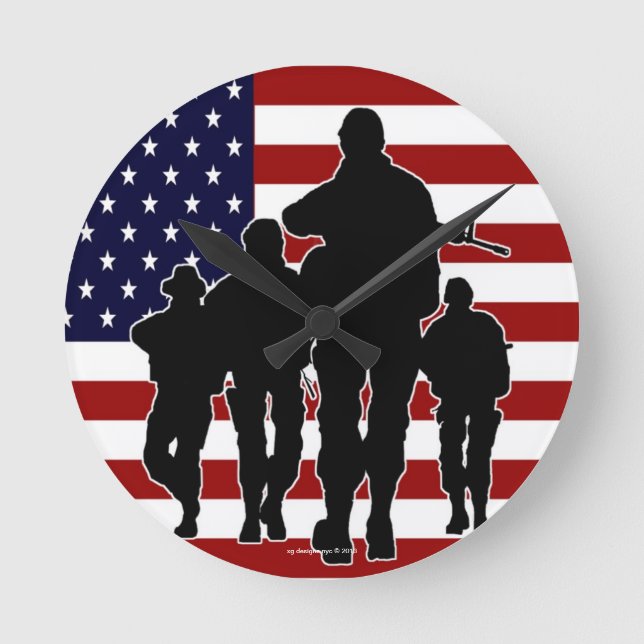 Horloge Ronde USA Flag Marching Soldiers Silhouette Wall Clock (Recto)
