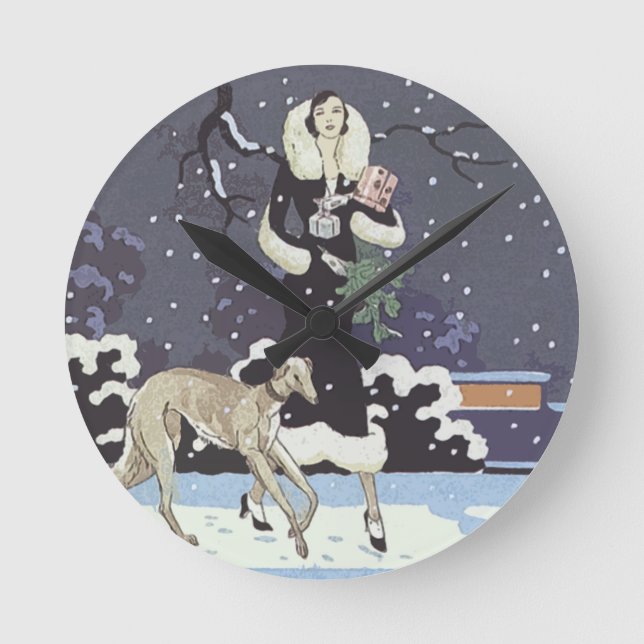 Horloge Ronde Vacances Borzoi Dame De Neige (Recto)