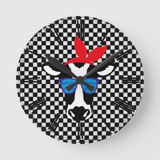 Horloge Ronde Vache Hipster sur Damier (Recto)