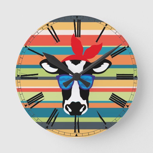 Horloge Ronde Vache hipster sur les rayures (Recto)
