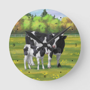Horloge Ronde Vache Holstein et veau mignon en pâturage d'été
