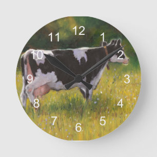 Horloge Ronde Vache laitière Holstein : Peinture pastel à l'huil