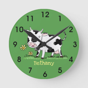 Horloge Ronde Vache mignonne en vert dessin animé sur le terrain