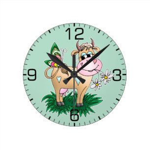 Horloge Ronde Vache mignonne et papillon