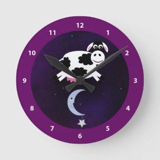 Horloge Ronde Vache mignonne Saut au-dessus de la Lune