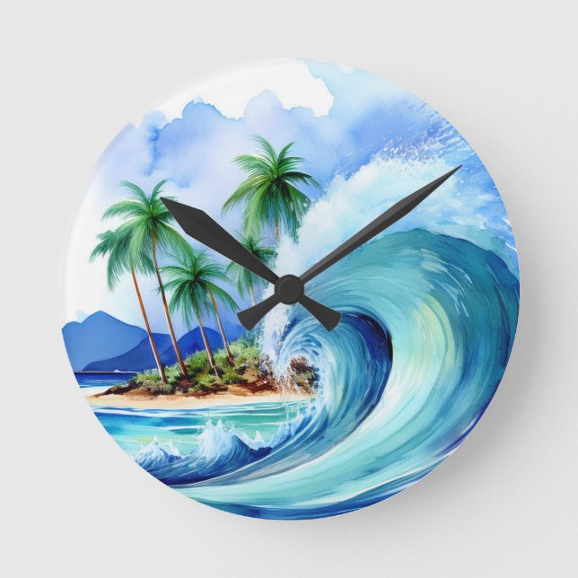 Horloge Ronde Vague d'aquarelle de l'île Kai Aloha (Recto)