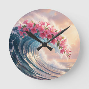 Horloge Ronde Vague de l'océan Fleur de cerisier rose surréalis
