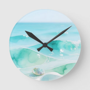 Horloge Ronde Vague de mer turquoise Coquillage