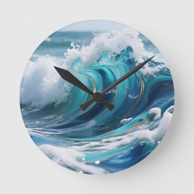 Horloge Ronde Vague dorée de l'océan turquoise (Recto)
