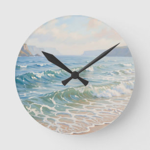 Horloge Ronde Vagues sereines de l'océan se brisant sur la plage