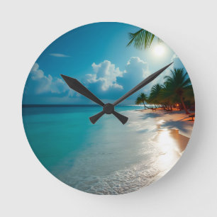 Horloge Ronde Vagues tropicales Plage ciel bleu nuageux