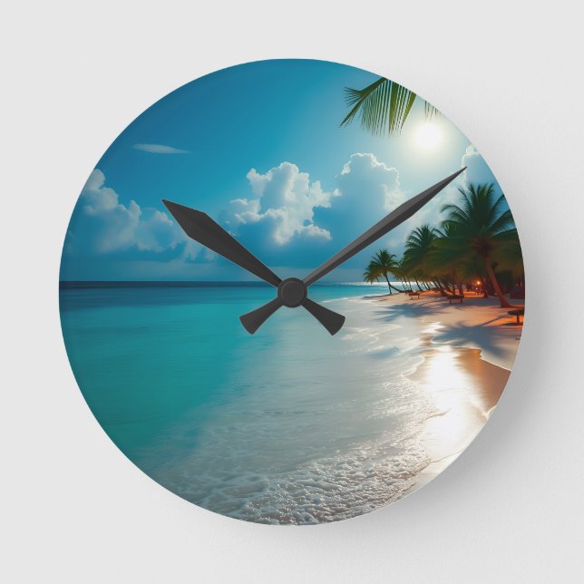 Horloge Ronde Vagues tropicales Plage ciel bleu nuageux (Recto)