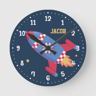 Horloge Ronde Vaisseau spatial à carreaux, Espace, Chambre d'enf