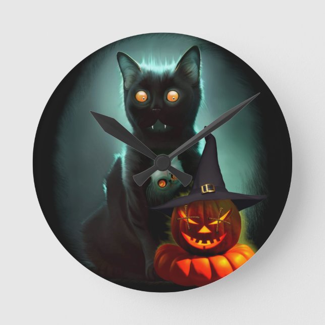 Horloge Ronde Vampire Chat et Assistant Citrouille Halloween Sur (Recto)