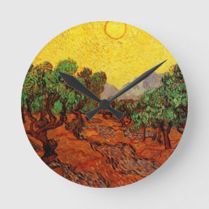Horloge Ronde Van Gogh Oliviers avec ciel jaune et soleil