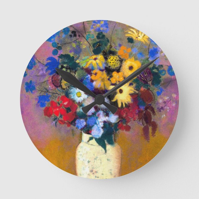 Horloge Ronde Vase blanc avec fleurs Odilon Redon (Recto)