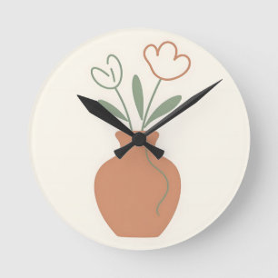 Horloge Ronde Vase de tulipes minimaliste en ligne artistique