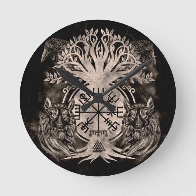 Horloge Ronde Vegvisir -Yggdrasil Avec Ravens & Loups (Recto)