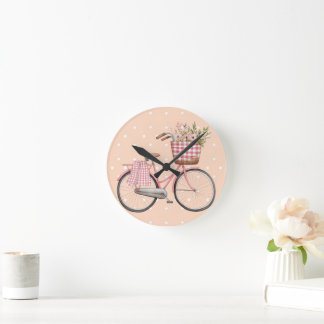 Horloge Ronde Vélo à pois rose, décoration vintage mignonne