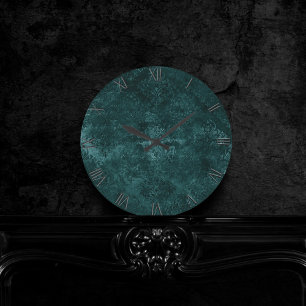 Horloge Ronde Velvety Turquoise Damask   Grunge vert foncé Baroq