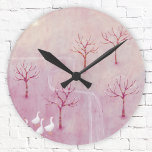 Horloge Ronde Verger rose avec peinture paysage d'oies<br><div class="desc">Un troupeau d'oies dans un verger de pommiers au printemps. Une douce peinture de paysage rose poussiéreuse. Art original de Nic Squirrell.</div>