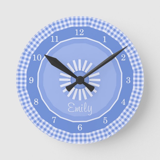 Horloge Ronde Vérifications Gingham Bleu Numérotées (Recto)