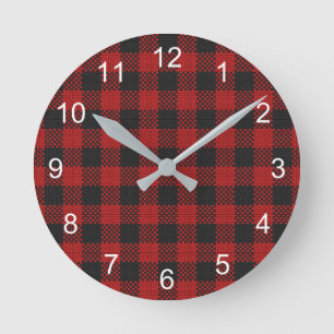 Horloge Ronde Vérifiez le noir rouge rustique de motif de plaid