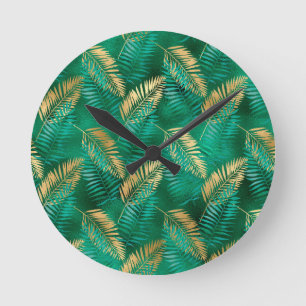 Horloge Ronde Vert émeraude naturel feuille de palmier doré bril