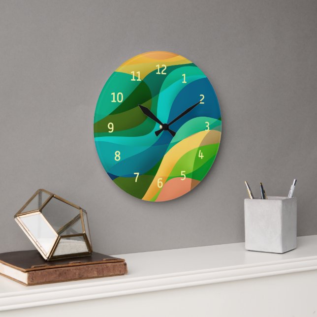 Horloge Ronde Vert moderne Bleu Jaune Art Abstrait Grande horlog (Bureau)