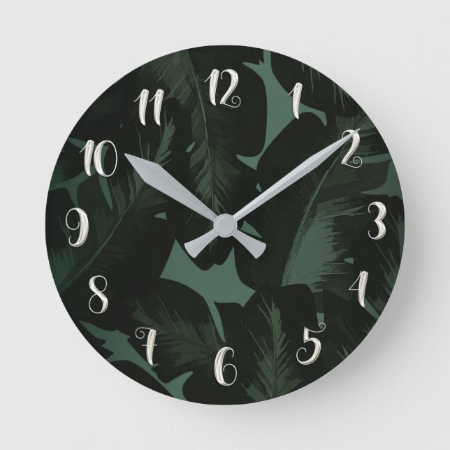 Horloge Ronde Vert & Noir Tropical Feuille Botanical Chic (Recto)