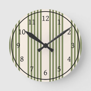 Horloge Ronde Vert olive et beige cinq rayures motif