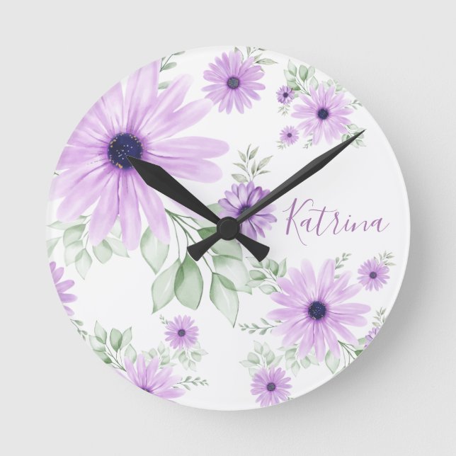 Horloge Ronde Vert violet personnalisé, fleurs d'aquarelle (Recto)
