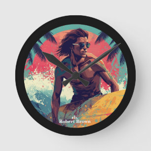 Horloge Ronde Vibes de surf modernes d'été Nom personnalisé