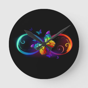 Horloge Ronde Vibrant infinity with rainbow butterfly on black