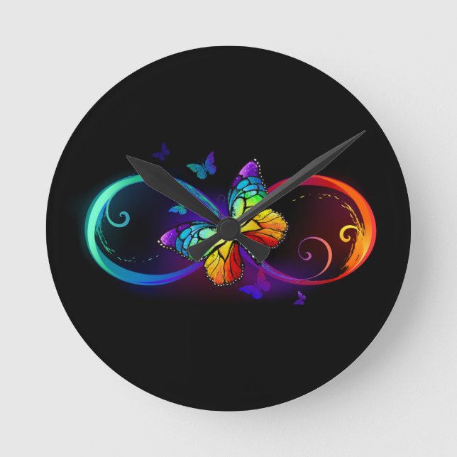 Horloge Ronde Vibrant infinity with rainbow butterfly on black (Recto)