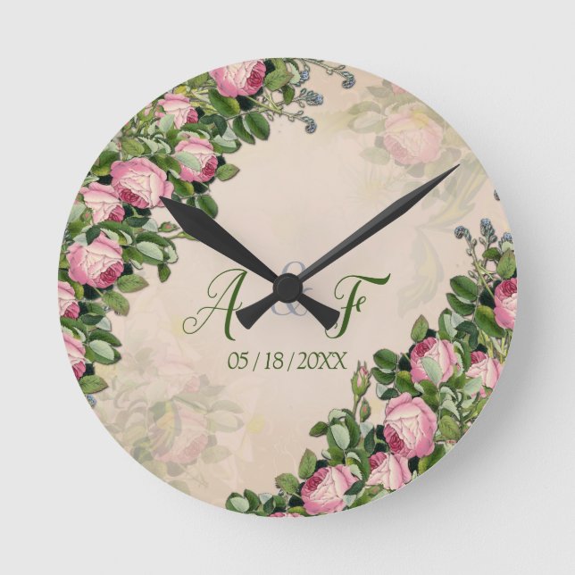Horloge Ronde Victorian Bush Garden Green with Pink Roses (Recto)